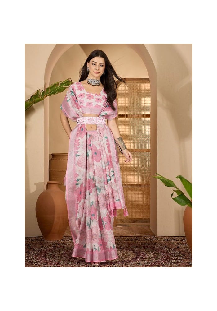 Malishka Export Pink Linen Cotton Digital Print Saree for Women - Image 1